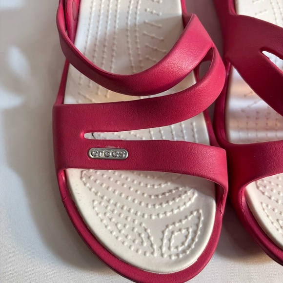 CROCS Sz 9 Straps Slip On Wedge Pink Sandals Slides - Picture 5 of 11